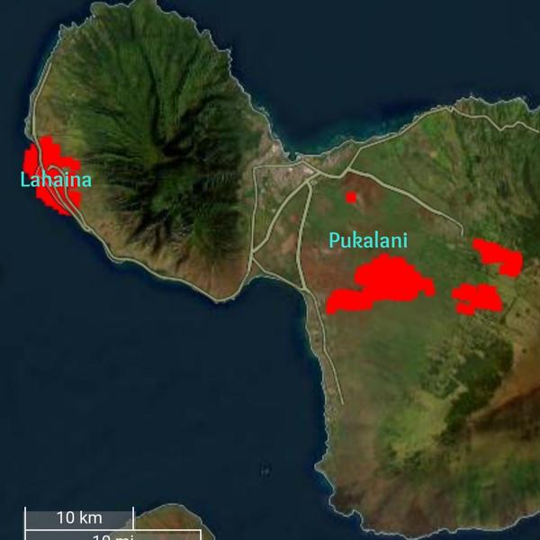 Topographical Map of fires on Maui