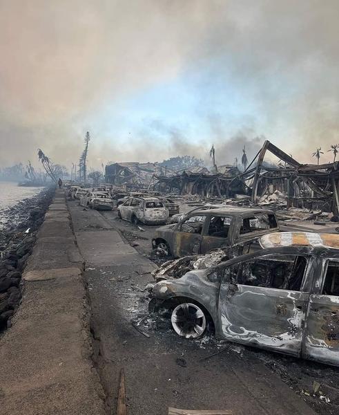 View of Front Street in Lahaina still smoking from fires