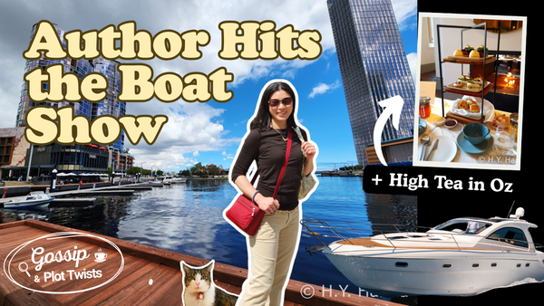 Sweeping photo of Elizabeth Quay in downtown Perth with vivid blue sky & water, and author H.Y. Hanna as cut-out with her cat Muesli, as well as inset showing Afternoon Tea in front of roaring fire