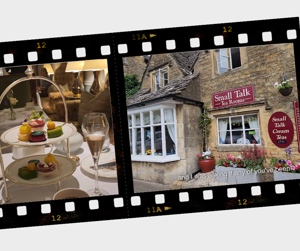 film strip showing afternoon tea at the Dorchester Hotel, London & Small Talk Tearooms, Bourton-on-the-Water