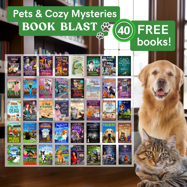 a collage of 40 free cozy mysteries featuring amateur sleuths with furry sidekicks