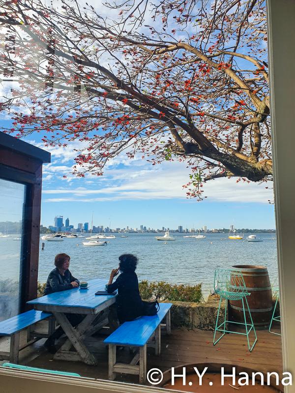 View of downtown Perth from cafe by Swan River