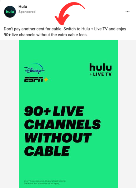 Hulu Facebook ads example promoting switching from cable to live Hulu