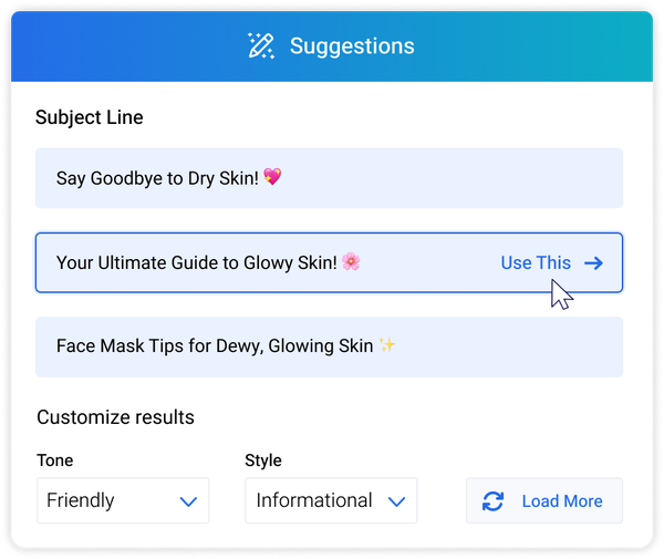 Subject Line Assistant showing three suggestions and customization options.