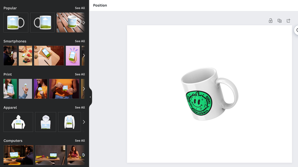 A screenshot of a mockup of a coffee mug with my logo on it.