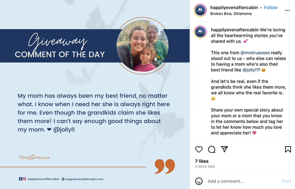 Mother's Day giveaway social media post that shares a follower's comment about her mom.
