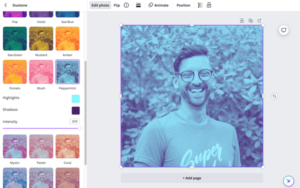 A screenshot of the Canva interface showing the duotone options next to an image of me duotoned to a dark and light blue color.