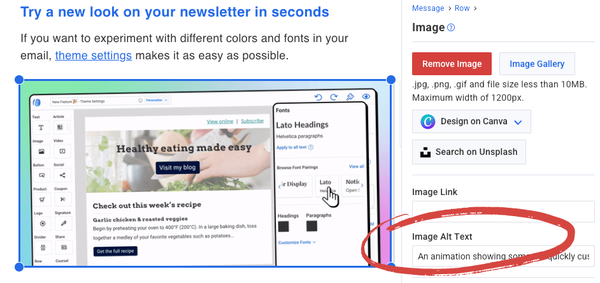 location of the image alt text field in the email builder