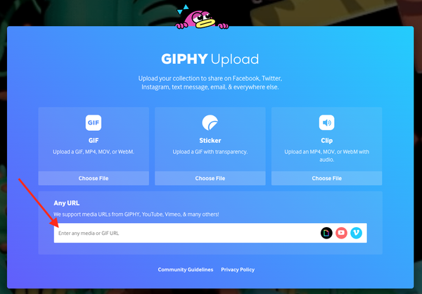 A screenshot of the giphy uploader that highlights the "Any URL" field as the place to paste your youtube link.