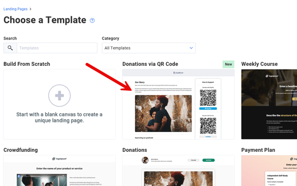 A screenshot showing the "Donations via QR Code" template in AWeber's landing page builder.