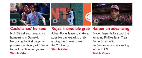 A segment of the email from the Phillies showing links to videos about Castellanos' homers, Rojas' incredible grab, and Harper on advancing.