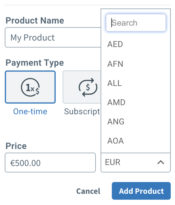 Product setup in AWeber's dashboard, including currency options next to "Price."