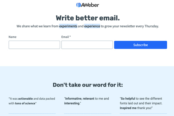 Screen shot of AWeber's newsletter sign up landing page