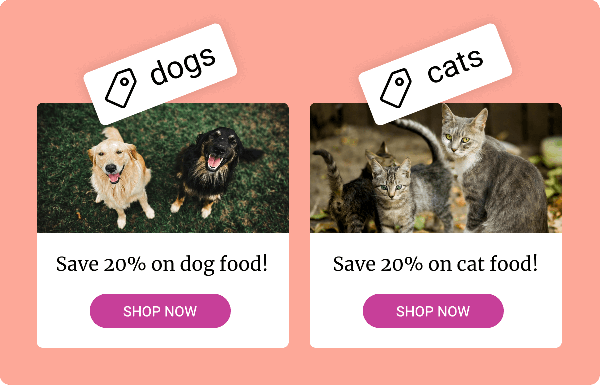 Image showing different messages sent to customers based on their tags, dogs or cats.