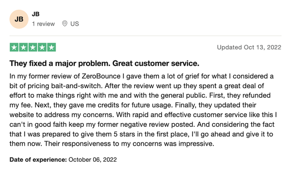 Review of ZeroBounce by a customer who had a good experience with how customer service handled their complaint.