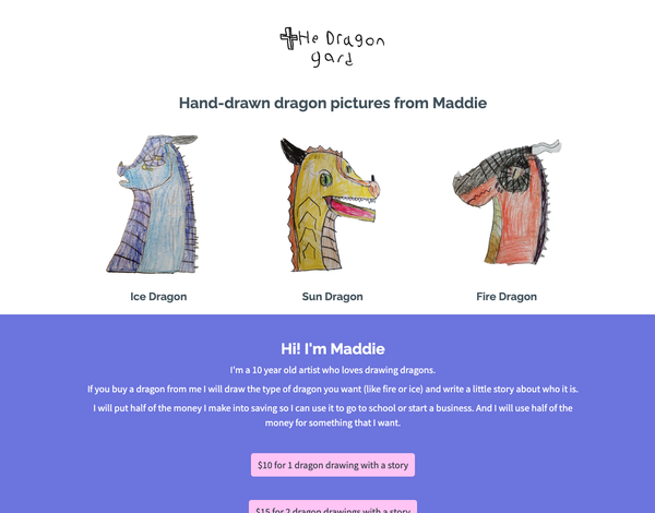 A screenshot of Maddie's landing page where she sells dragon drawings.