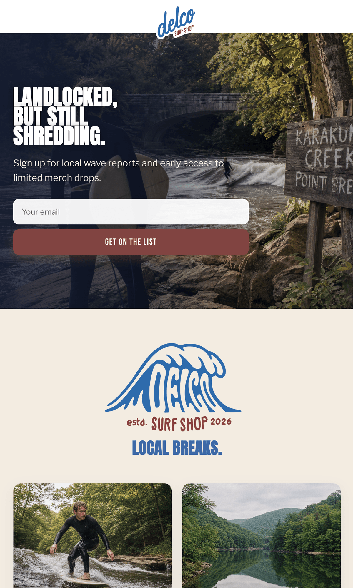 Delco Surf Shop signup landing page