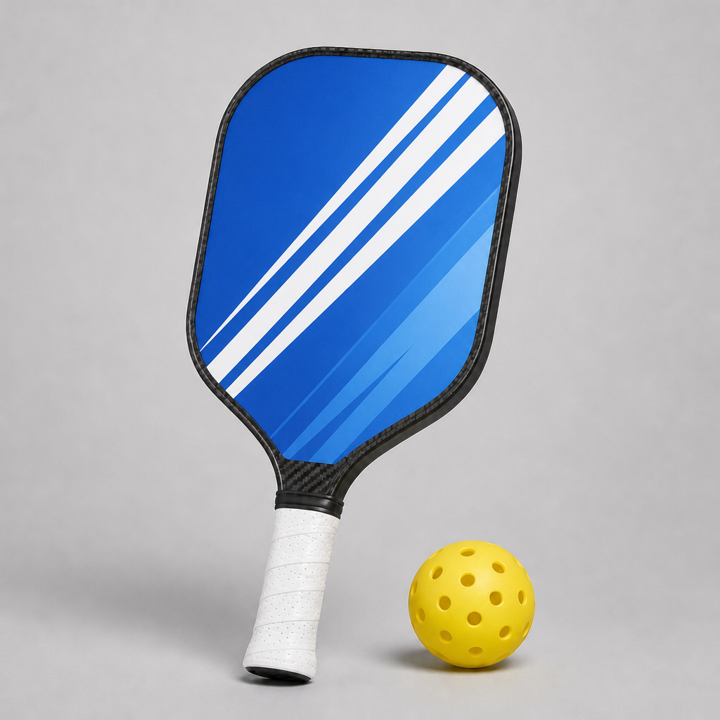 Rally Pro pickleball paddle in Ocean / Sunset with a yellow pickleball