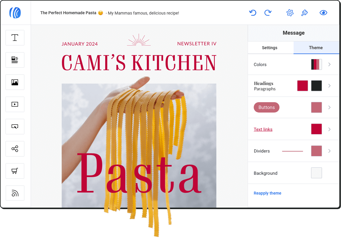 Image of the AWeber Message Editor with a designed email from a food blogger about homemade pasta.