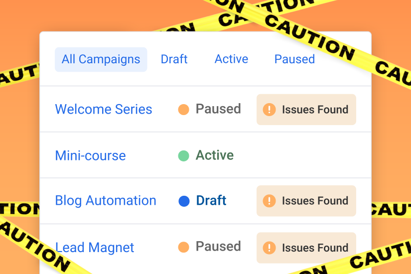 Image showing AWeber campaign index page, showing automations with issues.