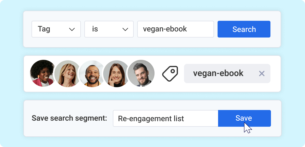 Image showing how you can segment subscribers based on their interactions, like downloading a free vegan ebook.