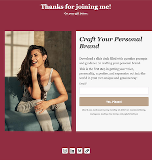 Sign up page that offers a slide deck filled with question prompts and guidance on crafting your personal brand.