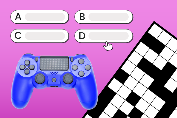 Image of a video game controller, crossword puzzle, and quiz options on fuchsia background