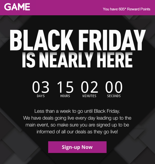 BFCM countdown email example from Game