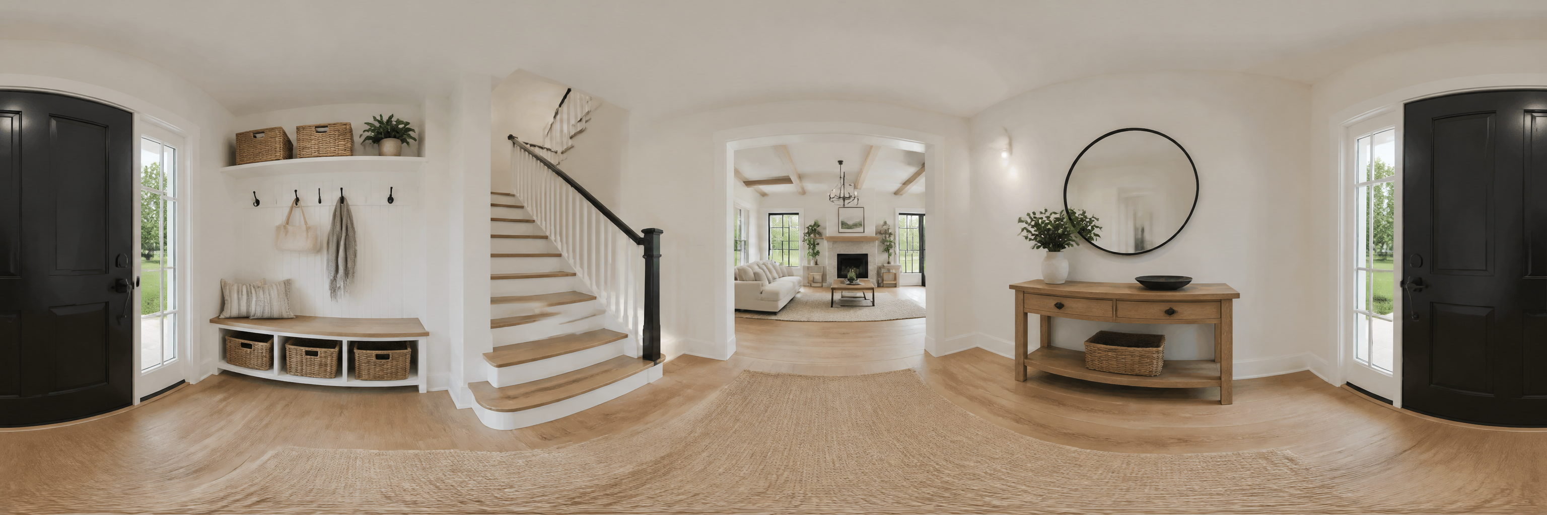 360 degree view of a front entry with a black door, staircase and mudroom bench