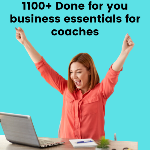 An example of a Facebook ad with a blue background, woman with her arms up, and text overlay "1100+ done for your business essentials for coaches"