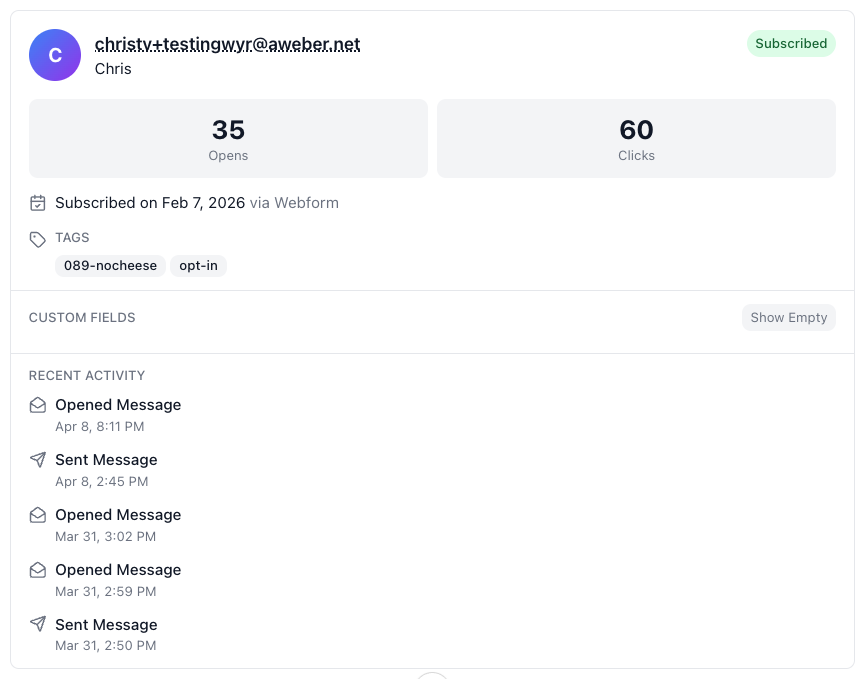 A subscriber details card with engagement history shown inside ChatGPT