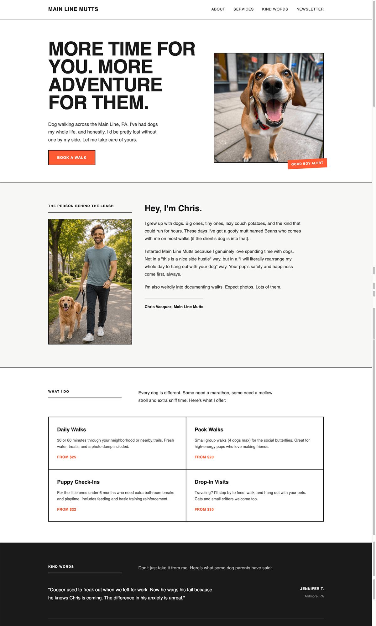 Main Line Mutts dog walking landing page