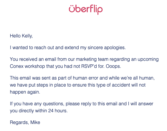 Apology email example from Uberflip