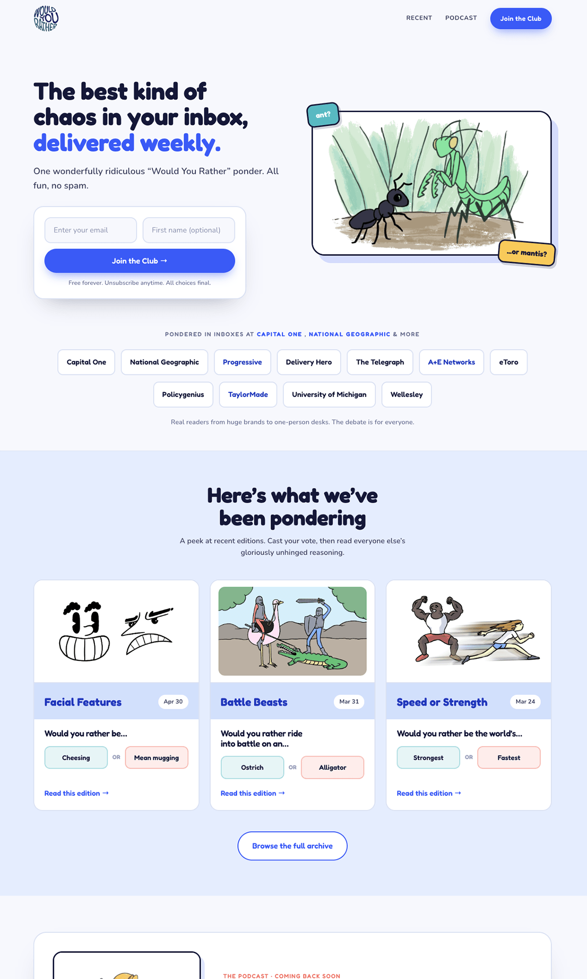 Would You Rather newsletter landing page