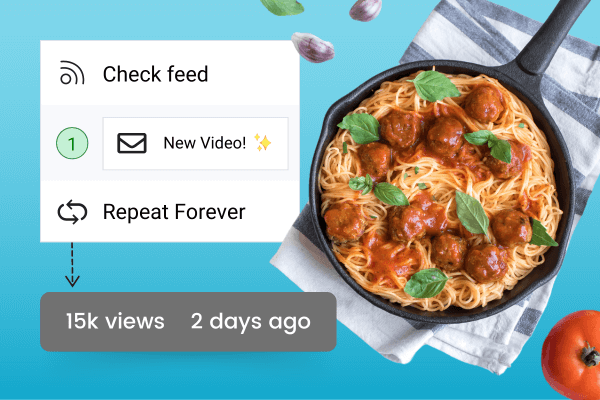 Image of an RSS Triggered Email Campaign in AWeber leading to 15k YouTube views in 2 days. There is also a picture of spaghetti and meatballs.