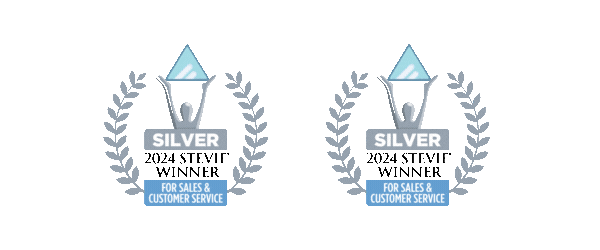 Two silver 2024 Stevie Awards for sales and customer service with confetti bursting 
