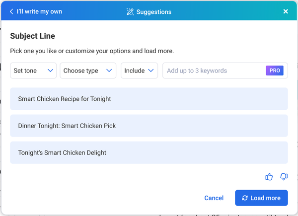 An image of the upcoming improvements to the subject assistant that actually writes subject lines for you.