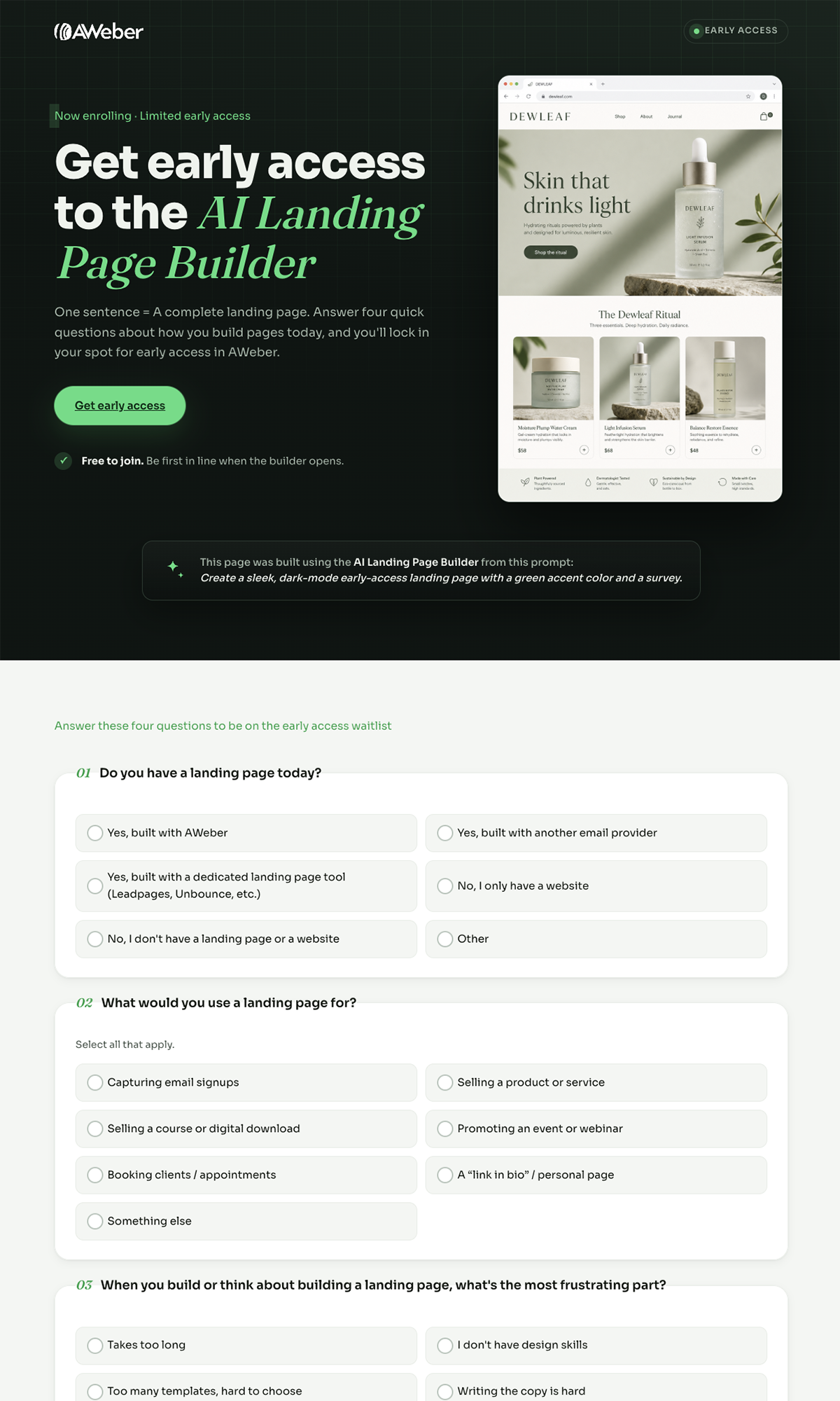 AWeber AI Landing Page Builder early access landing page