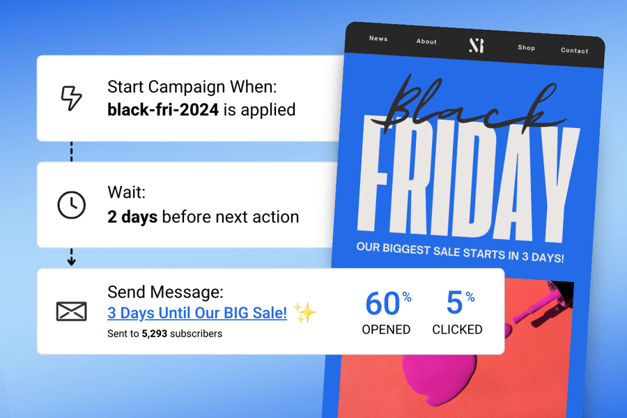 Image showing a Black Friday automated email campaign along with the designed email. The email has a 60% open rate and 5% click-through rate.