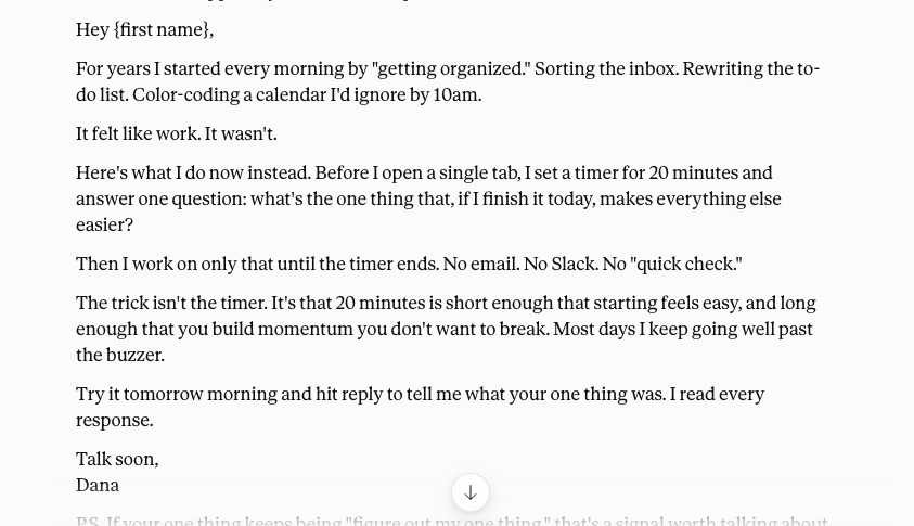 An email draft written in the voice of top-performing emails, saved to AWeber