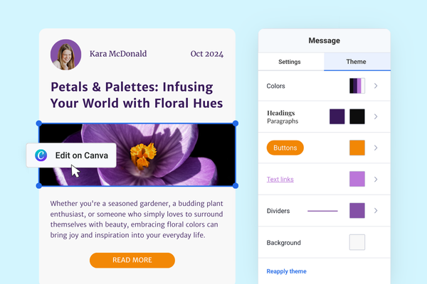 Promotional graphic showing message editor with canva and theme settings