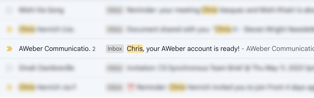 A screenshot showing an email in my inbox with the subject line "Chris, your AWeber account is ready!"