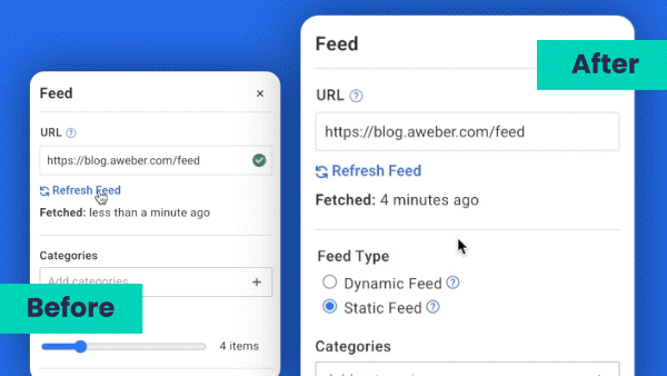 Before and after GIF of the AWeber RSS feed element.