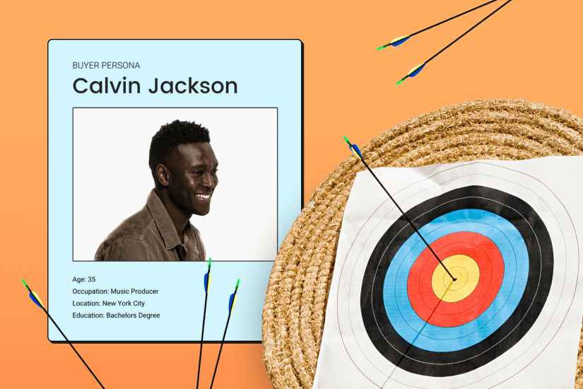Image of a buyer persona surrounded by arrows and an archery target with an arrow on the bullseye