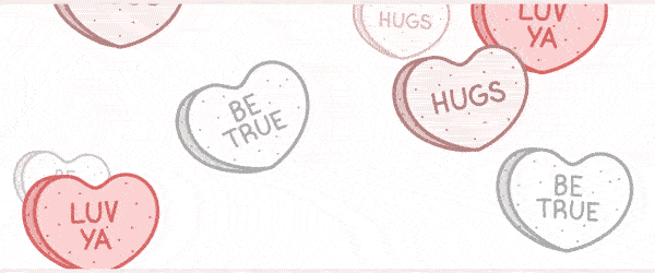 A GIF of falling animated Valentine's Day candy hearts.