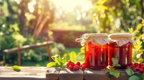 A dreamy picture of finished berry preserves. 