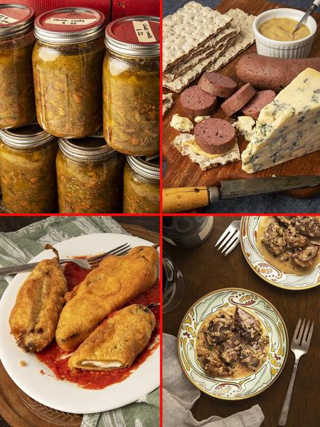 Four food photos: chile verde, braunschweiger, Hatch chile relleno, peppered dove