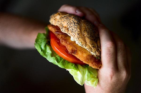 A fried fish sandwich, heading to your mouth! 