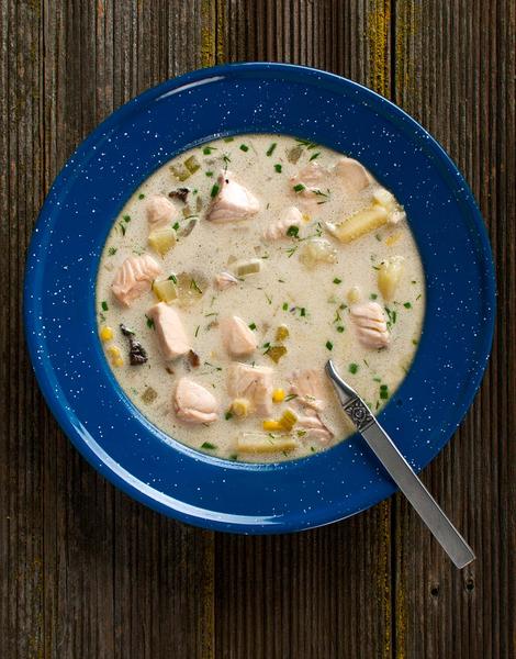 A bowl of salmon chowder.