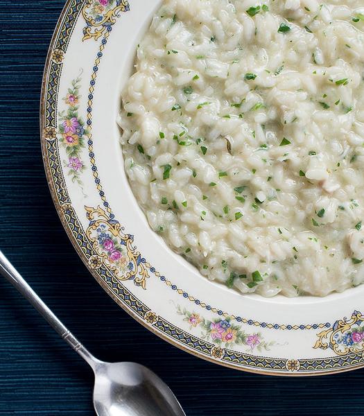 A bowl of fish risotto.